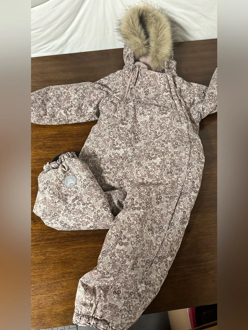 Pink Floral Kids Puff Jacket with Faux-Fur Hood
